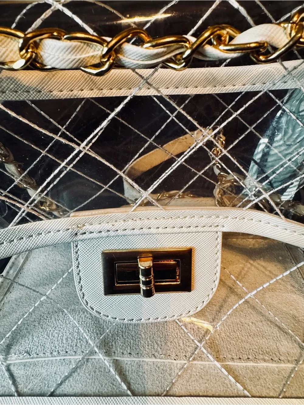 Clear Quilted PVC Shoulder Bag with White Trim and Gold Hardware